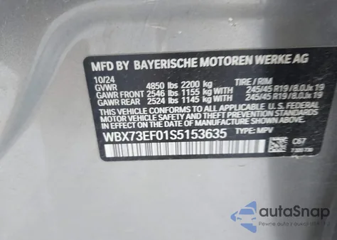 2025 BMW X1 xDrive28I from USA, damaged, VIN WBX73EF01S5153635